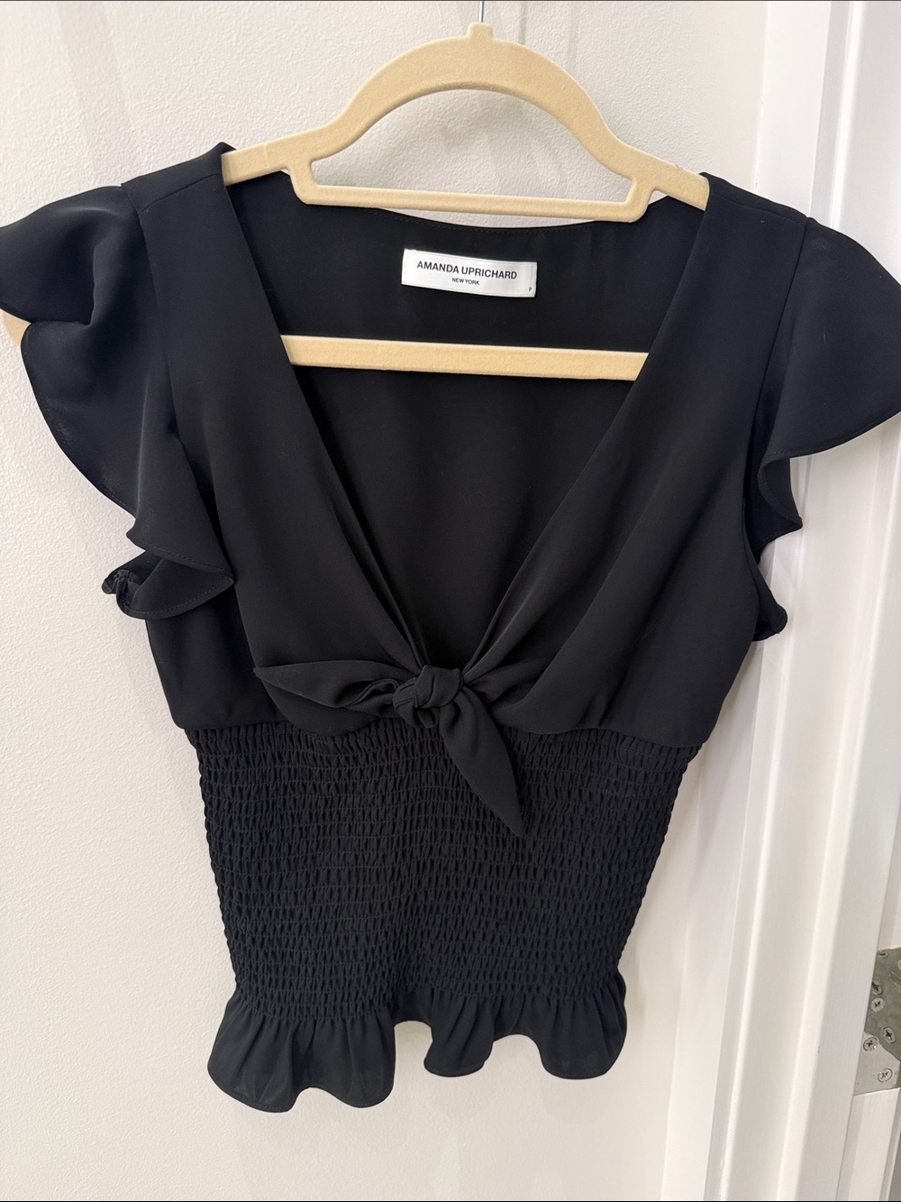 Amanda Uprichard Black Tie-Front Smocked Flutter Sleeve Top